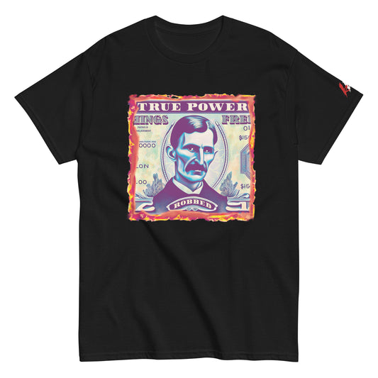 tesla robbed tshirt true power red white brutal